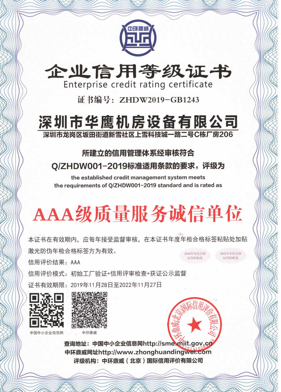 AAA級質量服務誠信單位證書